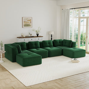 English Elm Modern Corduroy Modular Sectional with Tufted Cushions Two Ottomans Living Room Green W714S01800