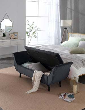 English Elm Vintage Velvet Tufted Storage Bench Mid Century Button Seat Entryway Bedroom Footstool Black+ Gray W2795P428652