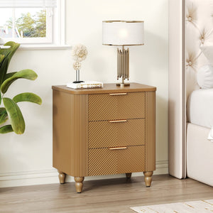English Elm Mid-century Fluted 3 Drawer Nightstand with Gourd Legs and Gold Tone Handles for Bedroom Natural N761P285712N