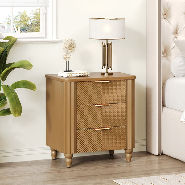 English Elm Mid-century Fluted 3 Drawer Nightstand with Gourd Legs and Gold Tone Handles for Bedroom Natural N761P285712N
