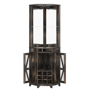 English Elm 67.3" Farmhouse Corner Bar Cabinet Led Lit Wine Storage with Built-in Power Outlets N735P361429D
