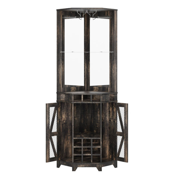 English Elm 67.3" Farmhouse Corner Bar Cabinet Led Lit Wine Storage with Built-in Power Outlets N735P361429D