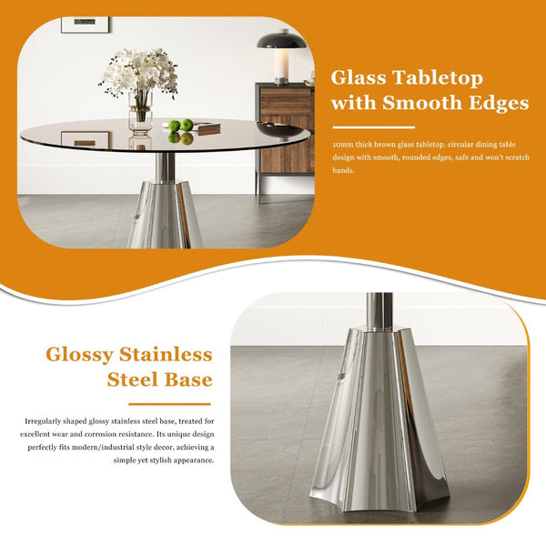 English Elm 35 Inch Round Glass Dining Set Mid Century 5 Piece with Flared Base Pu Chairs W2700S00081