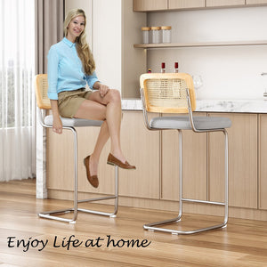 English Elm Counter Height Bar Stools Set Of 2 - Luxurious Gray Velvet & Rattan Back Armless Chairs For Style T3623P360715