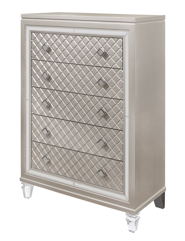 English Elm CROSS Glam Champagne Chest with Jewel Hardware & Mirror Accents, Acrylic Legs, Spacious Drawers B201P215895