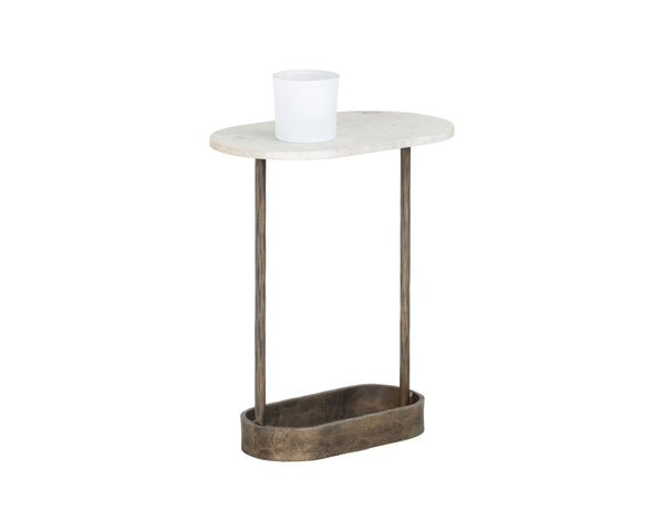 Sunpan Eden End Table - Artisan Crafted White Marble & Hammered Iron Side Table with Antique Brass Base