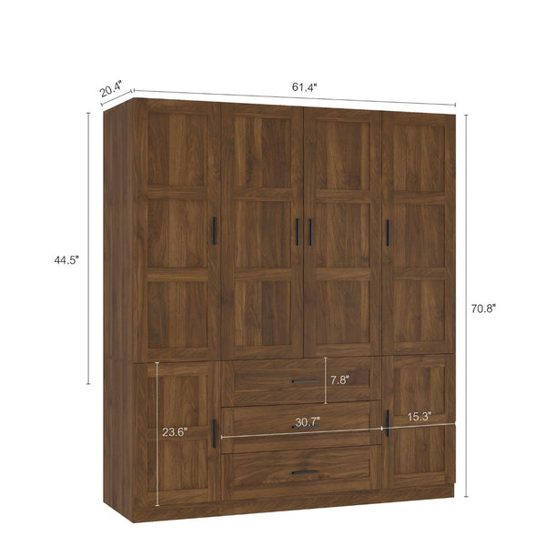 English Elm Tall Wooden Freestanding Armoire with Six Doors Three Drawers and Hanging Rod W1321S00039