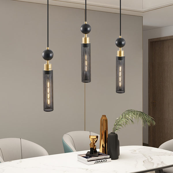 English Elm 25" Modern Black & Gold 3-Light Pendant Chandelier - Adjustable Cylindrical Mesh Shades, E26, Dining/Kitchen Lighting W1340P233174
