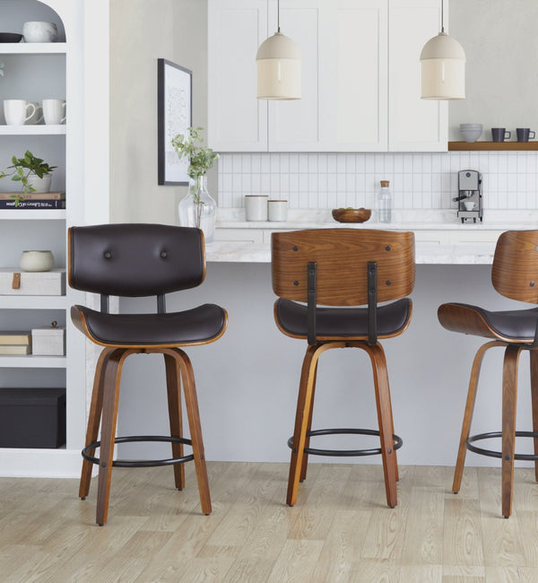 English Elm Fixed-height Swivel Counter Stools with Faux Leather Seats and Chrome Footrest Set of 2 B202S01837