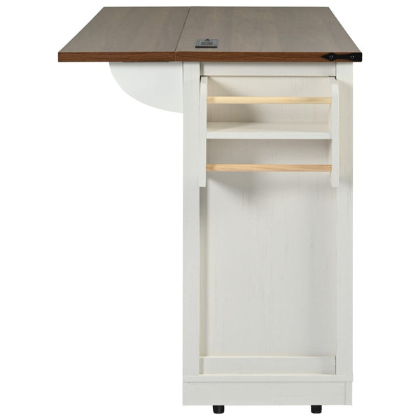 English Elm K&k Farmhouse Rolling Kitchen Island with Drop Leaf Power Outlets and Storage Cabinet White N707S170347W