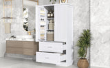 English Elm Tall Bathroom Storage Cabinet, Cabinet With Two Doors and Drawers, Adjustable Shelf, Mdf Board, White