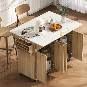 English Elm K&k Fluted Rolling Kitchen Island Faux Marble Top Power Outlet Storage Drawers Natural N707P353934Y