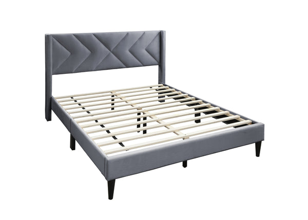 English Elm Elegant Velvet Upholstered Queen Bed with Geometric Stitched Headboard, Platform Design, 12" Height Grey 65 L x 23 W x 9 H B011P238925