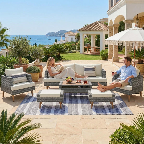 English Elm <old Old Sku Pe Wicker Six Piece Patio Conversation Set Acacia Wood Cushioned Outdoor Sofa Gray+Beige N704G201219A