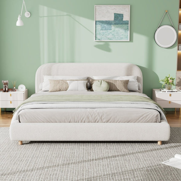 English Elm King Platform Bed Curved Boucle Upholstered Headboard Solid Rubberwood Legs Modern Bedroom N757P411870K