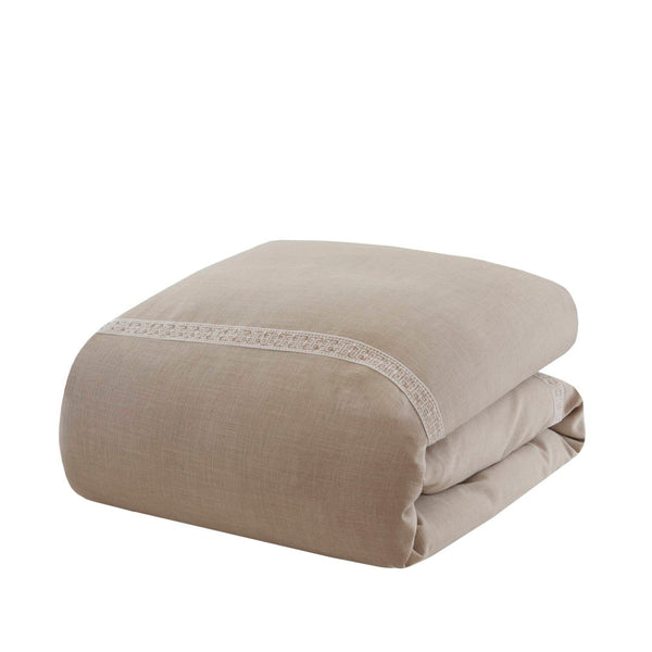 English Elm 8-piece Queen Bedding Set Slub Fabric Embroidery Velvet Accents Boutique Hotel Style Taupe B035P482953