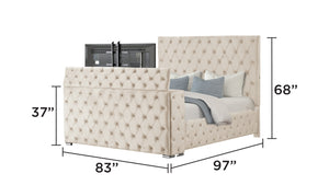 English Elm Encore Modern Tufted King Bed In Beige - Elegant Upholstered Design With Hidden Tv Storage Compartment B009S01649