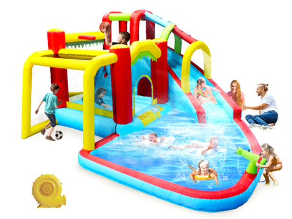 English Elm 7 in 1 Inflatable Backyard Water Park with Slide Splash Pool Climbing Wall and Bouncer W167790010