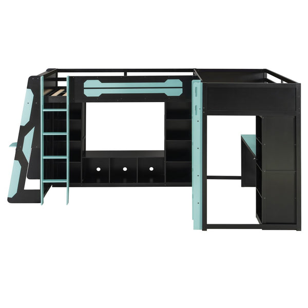English Elm L-shaped Gaming Loft Bunk Bed Twin Wood Frame Rgb Lighting Usb Ports Storage Shelves Blue LT000295AAC