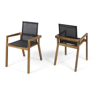 English Elm 7 Piece Solid Acacia Wood Outdoor Dining Set with Mesh Chairs Teak Finish Patio N762S000004AAD
