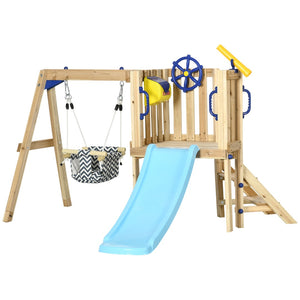 English Elm Outsunny 3-In-1 Wooden Playset For Toddlers – Swing, Slide, Captain'S Wheel & Telescope Fun! W2225P200362-GIGA