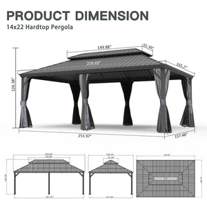 English Elm 14' X 22' Hardtop Gazebo with Drainage System, Dual-Layer Galvanized Roof, Curtains & Mesh Protection Grey W1859S00153