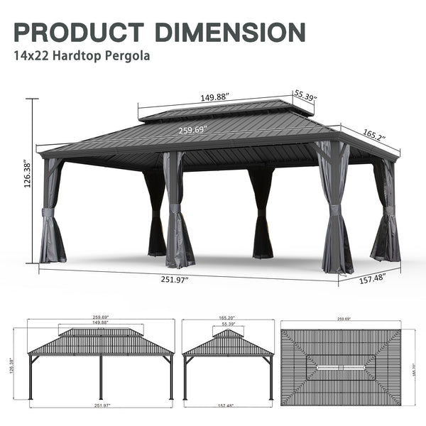 English Elm 14' X 22' Hardtop Gazebo with Drainage System, Dual-Layer Galvanized Roof, Curtains & Mesh Protection Grey W1859S00153