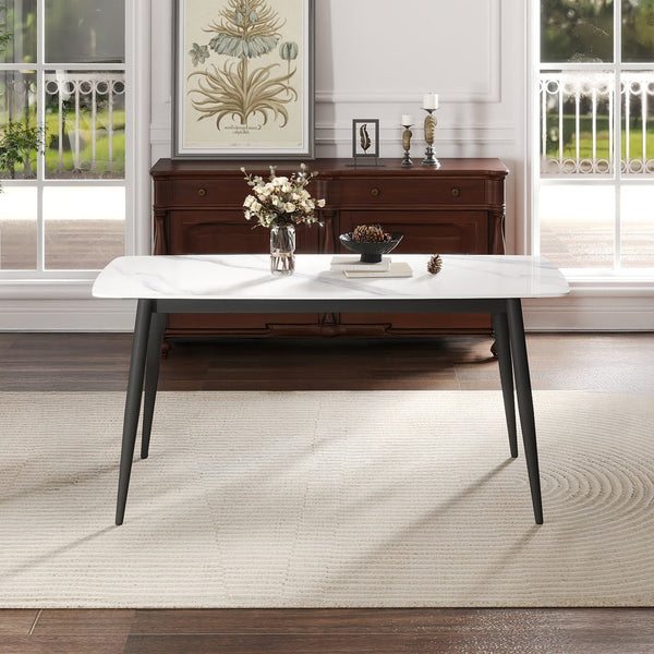 English Elm 62.99" Modern Artificial Stone Dining Table With Black Metal Legs – Stylish Seating For 6 People W1535S00497