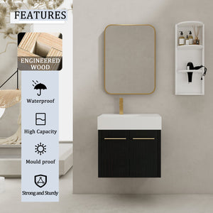 English Elm 24 Inch Wall-Mounted Bathroom Vanity Set With Thick Resin Sink, Storage Rack & Soft-Close Doors W999S00366