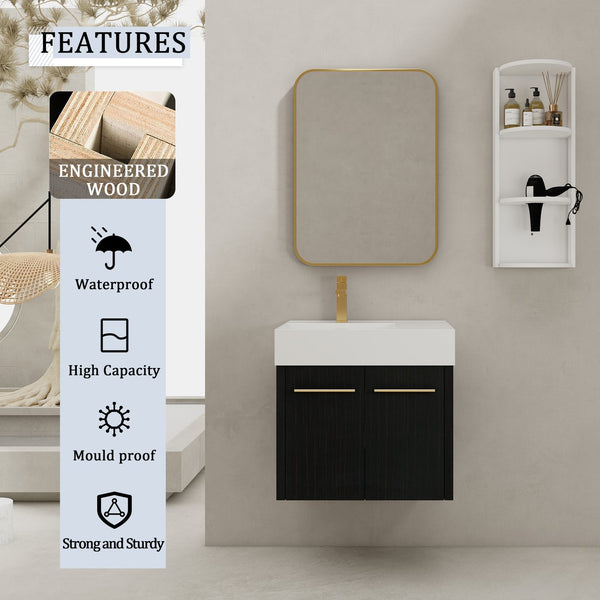 English Elm 24 Inch Wall-Mounted Bathroom Vanity Set With Thick Resin Sink, Storage Rack & Soft-Close Doors W999S00366