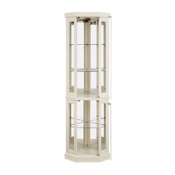 English Elm Corner Curio Cabinet Lighted Glass Display Case with Mirrored Back for Living Room Antique White W2275P194429