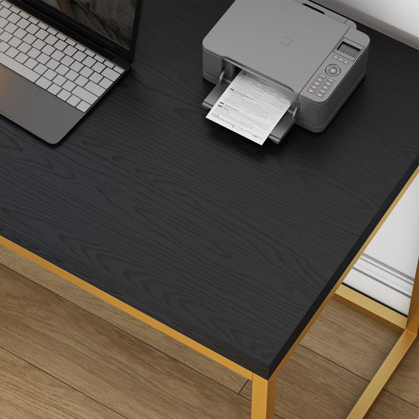 English Elm Home Office Writing Desk with Steel Frame and Scratch Resistant Two Tone Surface Gold+Black W3151P400584