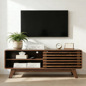 English Elm Tv Stand with Louvered Sliding Doors Tapered Legs Walnut Media Console W3204P465917
