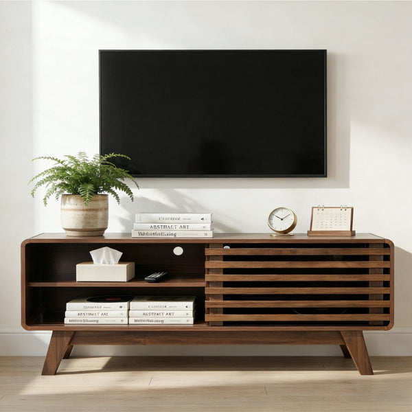 English Elm Tv Stand with Louvered Sliding Doors Tapered Legs Walnut Media Console W3204P465917