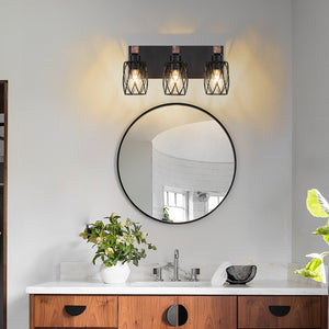 English Elm 18" Industrial Vintage 3-Light Wall Sconce Black Cage with Walnut Wood Accents for Bath Hallway W2312P374837