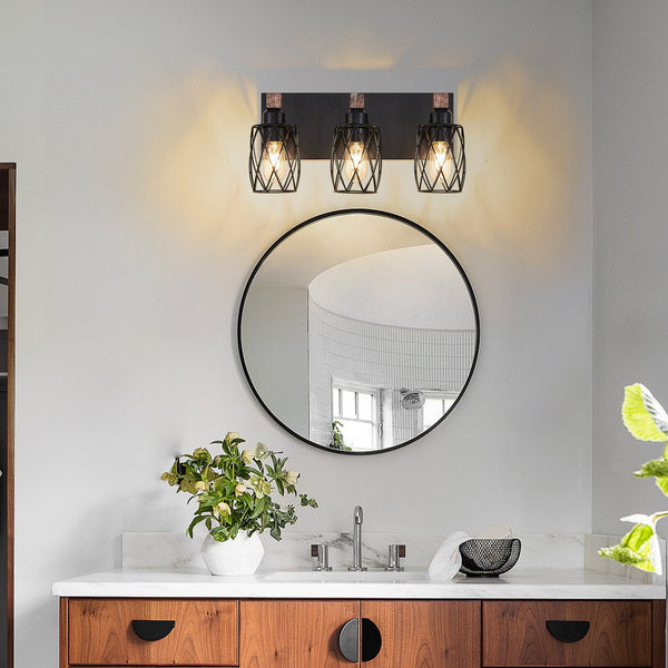 English Elm 18" Industrial Vintage 3-Light Wall Sconce Black Cage with Walnut Wood Accents for Bath Hallway W2312P374837
