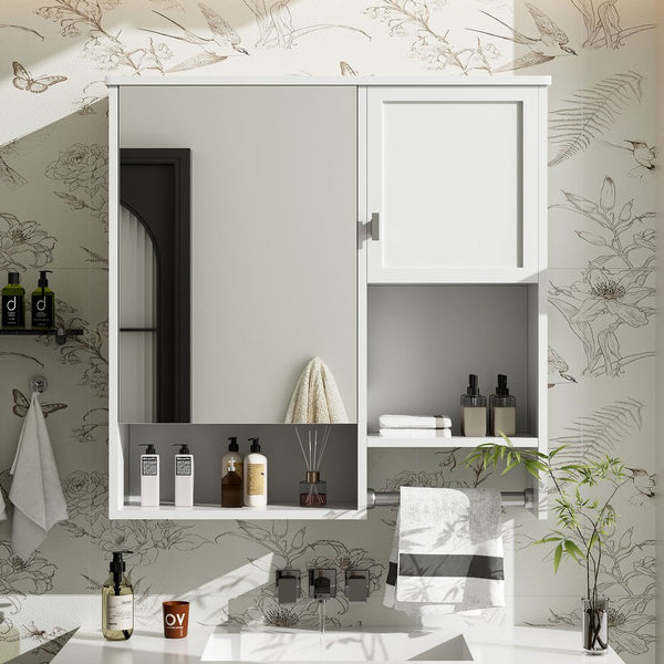 English Elm 29'' Modern Wall Mounted Medicine Cabinet with Mirror, Spacious Adjustable Shelves, Towel Bar and Durable MDF Finish White N710P209440K