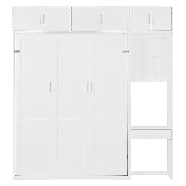 English Elm Queen Murphy Bed with Integrated Desk Cabinet Shelves Space Saving Studio Solution White N708S00021K-1