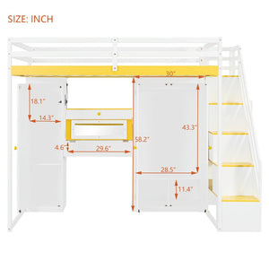 English Elm Full Size Teen Loft Bed with Staircase Shelves Wardrobe Vanity and Led Lighting LT000276AAL