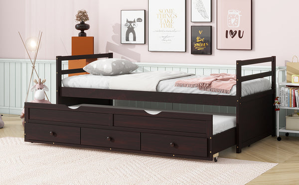 English Elm Twin Twin Size Bed with Trundle and Three Storage Drawers, Space-Saving Pine Frame with Classic Headboard Espresso W504P197165