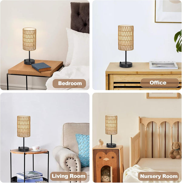 English Elm Touch Boho Table Lamp with Rattan & Linen Shade, 3-Level Dimmable Bedside Lamp w/ USB-C/A Port W2738P400638