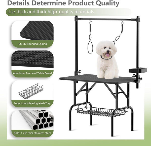 English Elm 36''large Folding Dog Grooming Table with Arm Noose Mesh Tray for Home Pet Care W3587P358726