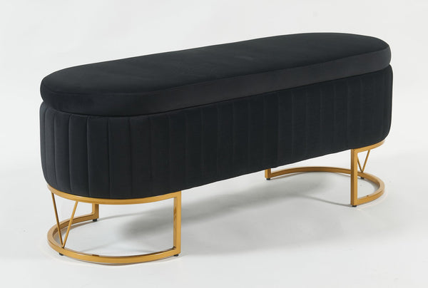 English Elm Oval Velvet Storage Bench with Metal Legs — Luxurious Upholstered Ottoman with Lift-Top Storage, 300lb Capacity, Modern Decorative Seating Black T3903P372931