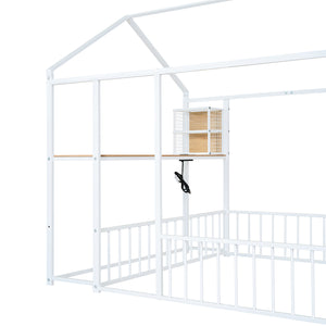 English Elm Full Size Metal House Bed Frame with Desk, Shelves, USB Power Ports & Playful Roof for Kids Room Delight White N737P173491K