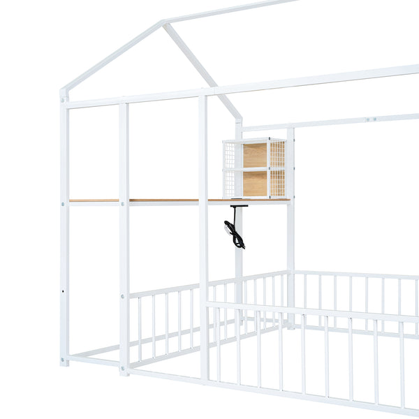 English Elm Full Size Metal House Bed Frame with Desk, Shelves, USB Power Ports & Playful Roof for Kids Room Delight White N737P173491K