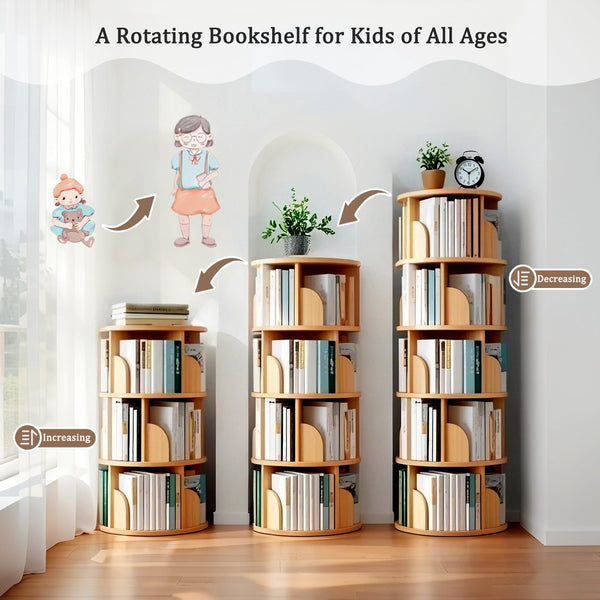 English Elm 5 Tier Rotating Bookshelf Tower with Curved Edges, 360° Smooth Spin, Stable Double-Layer Base, Space-Saving Storage Wood W3204P293742