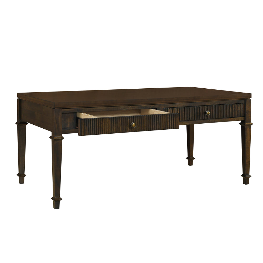 JLA Home Martha Stewart - Fluted two-drawer coffee table with fluted faces, antique-brass knobs & dark brown veneer finish MT120-1192
