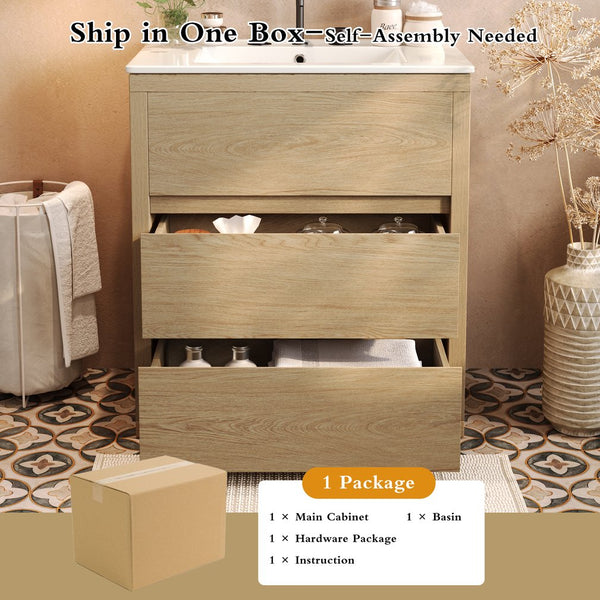 English Elm Christopher Knight Home® - 30" Bathroom Vanity with Ceramic Sink, 2 Soft-Close Full-Extension Drawers, Handle-Free 45° Design, Durable MDF Natural N817P280549N
