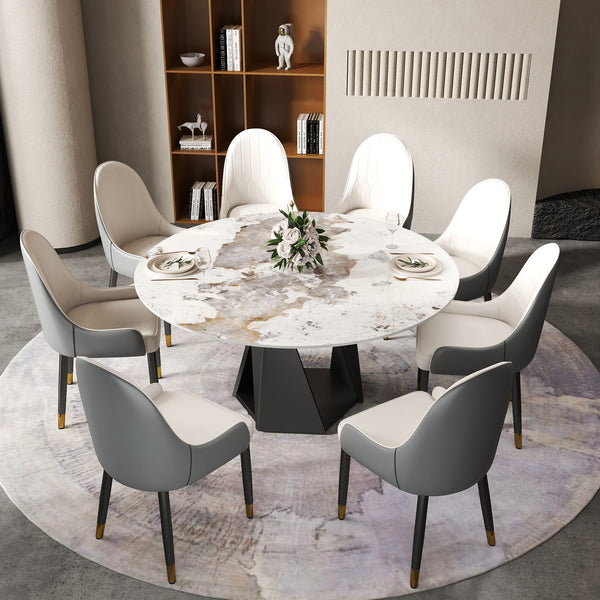 English Elm 59.05" Round Marble Dining Table With Sturdy Black Iron Base For 6-8 People - Modern Elegance W1535S00467
