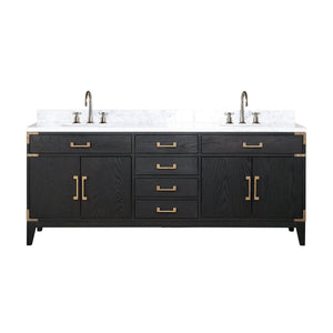 English Elm Black Oak Double Bath Vanity With Carrara Marble Top, Chrome Faucet, And Ample Storage Solutions B2731P260965